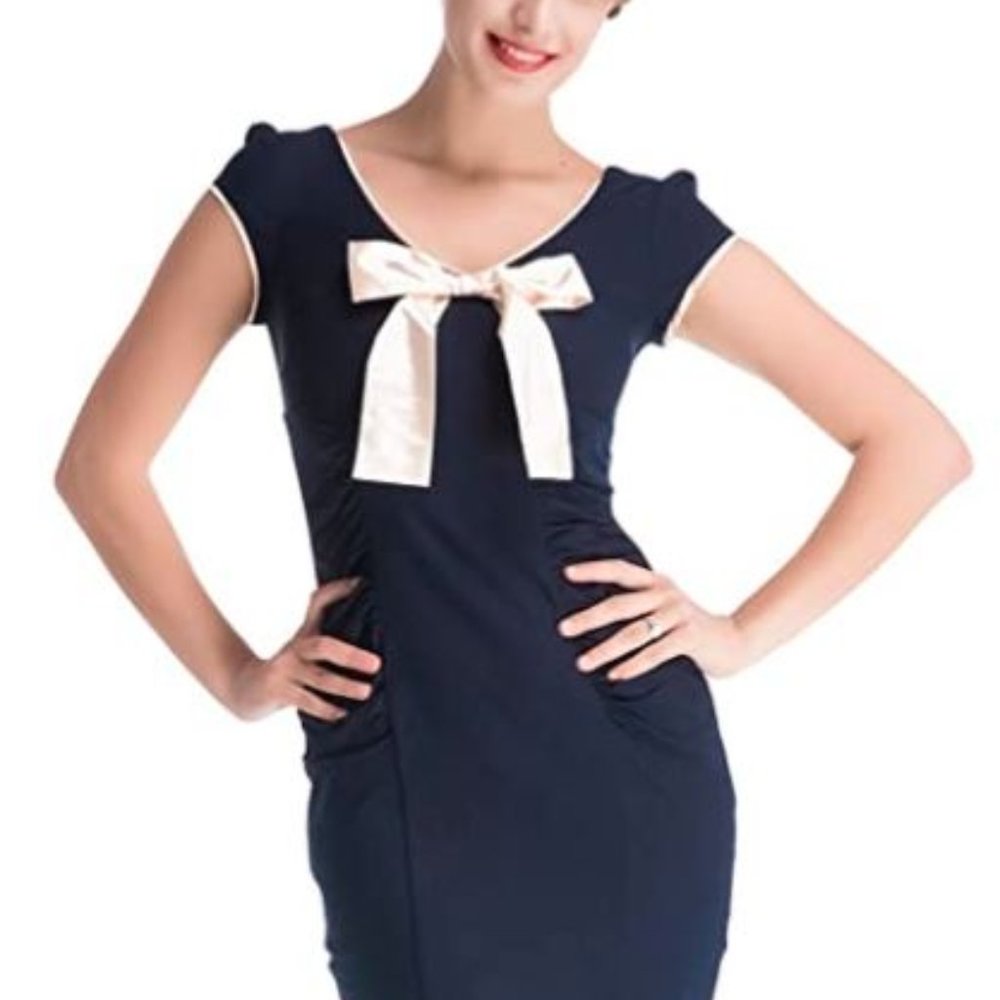 Women Vintage Rockabilly Bowknot Dress - Navy Blue